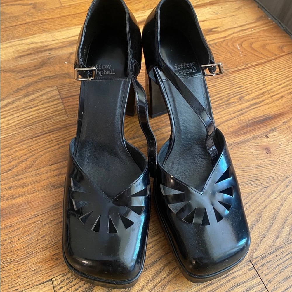 Jeffrey Campbell Black Heels with Ankle Strap and Perforated Design